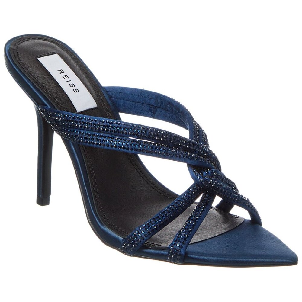 REISS Ritz Satin Mule Sandals in Blue Rhinestone Embellished Size EU 39 / US 8.5